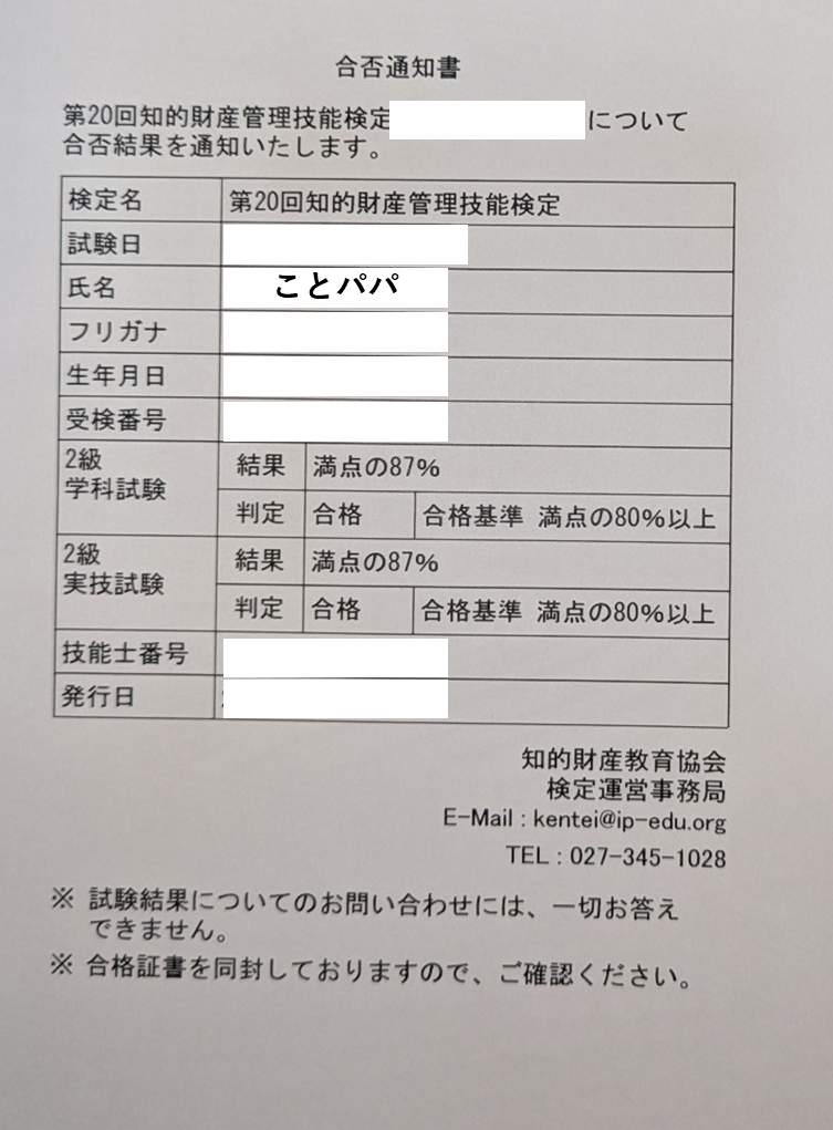 二級知的財産管理技能士検定合否通知書