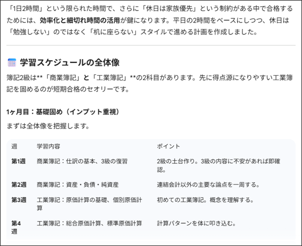 Geminiによる資格試験の全体スケジュール作成画面