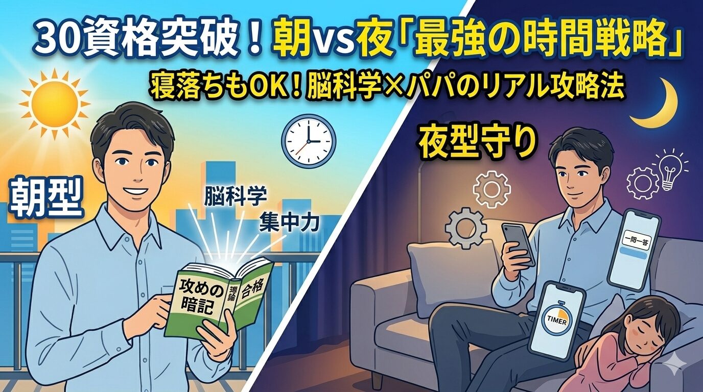 30種の資格を持つことパパによる、朝のインプットと夜のアウトプットを使い分ける脳科学的勉強法。娘を寝かしつけながらのスマホ学習などパパのリアルな攻略法。