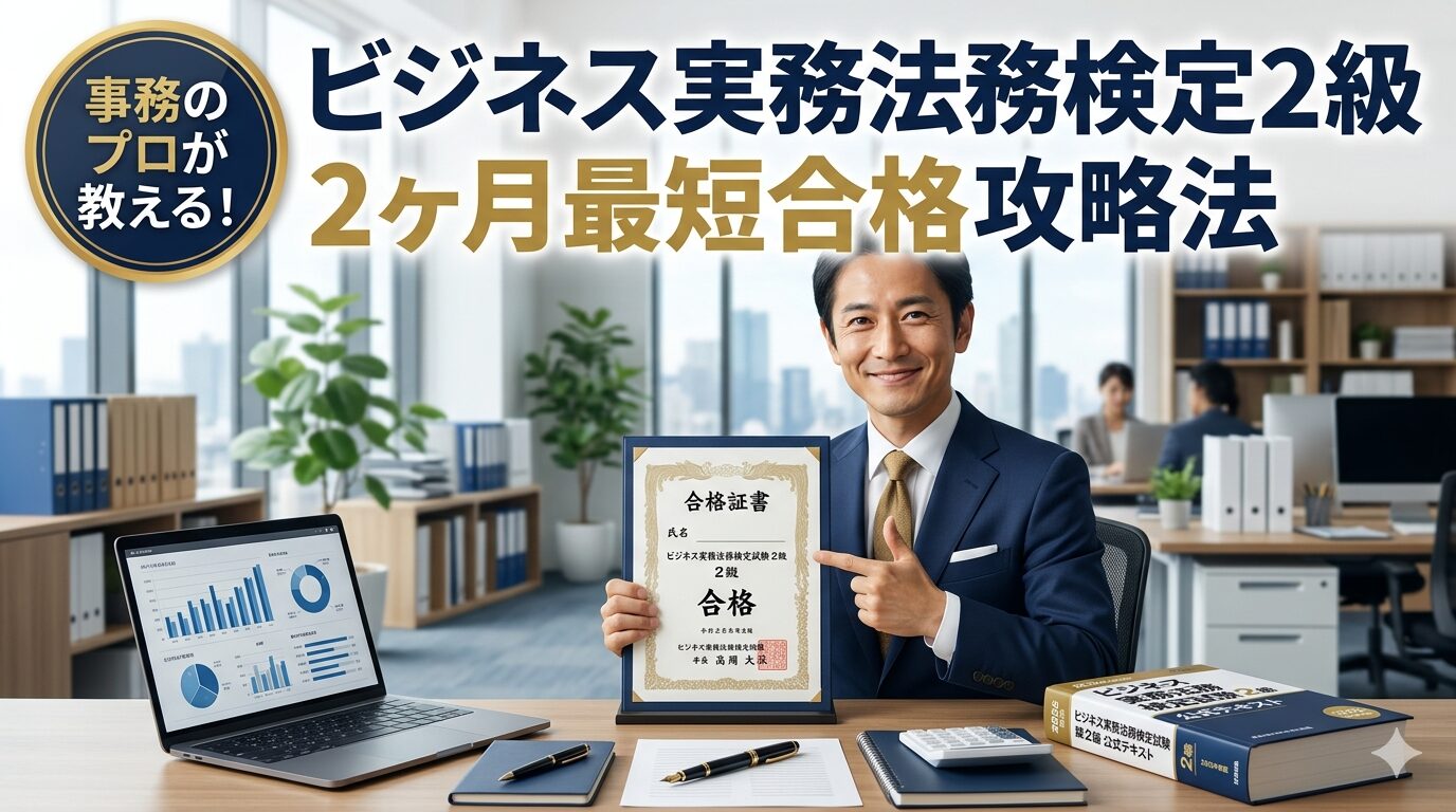 ビジネス実務法務検定2級に2ヶ月で合格した攻略法を解説する、事務プロ男性（ことパパ）のアイキャッチ画像。合格証書と公式テキストを手に笑顔。