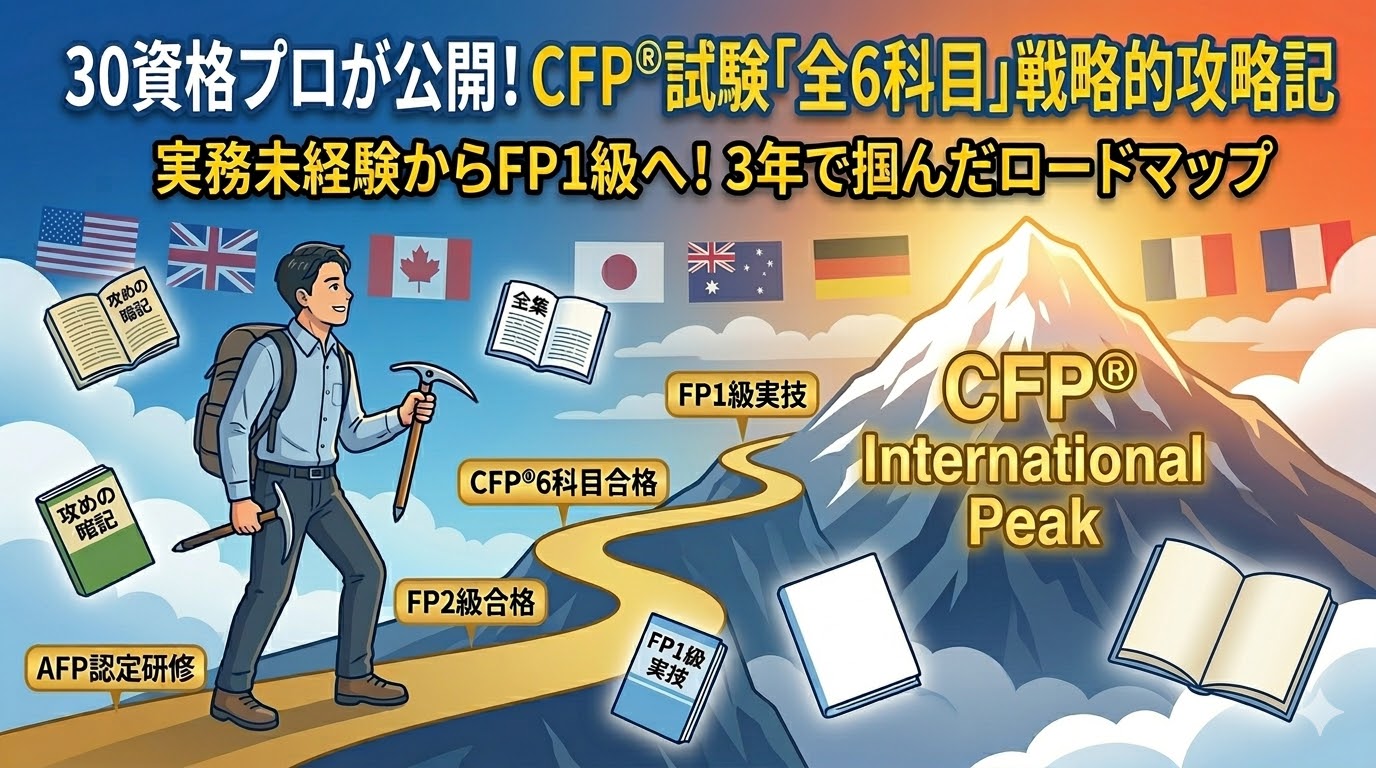 30資格を保有することパパによるCFP資格審査試験の攻略ロードマップ。実務未経験からAFP、CFP全6科目合格を経てFP1級を取得する戦略的ルートと、公式テキスト・過去問を活用した独学勉強法の全記録。