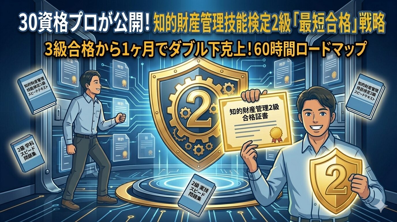 30資格を持つことパパによる知的財産管理技能検定2級の最短合格戦略。3級合格から1ヶ月（60時間）で独学ダブル合格するロードマップ。TACスピードテキスト・問題集を活用した超効率勉強法や、87％で合格した体験記。