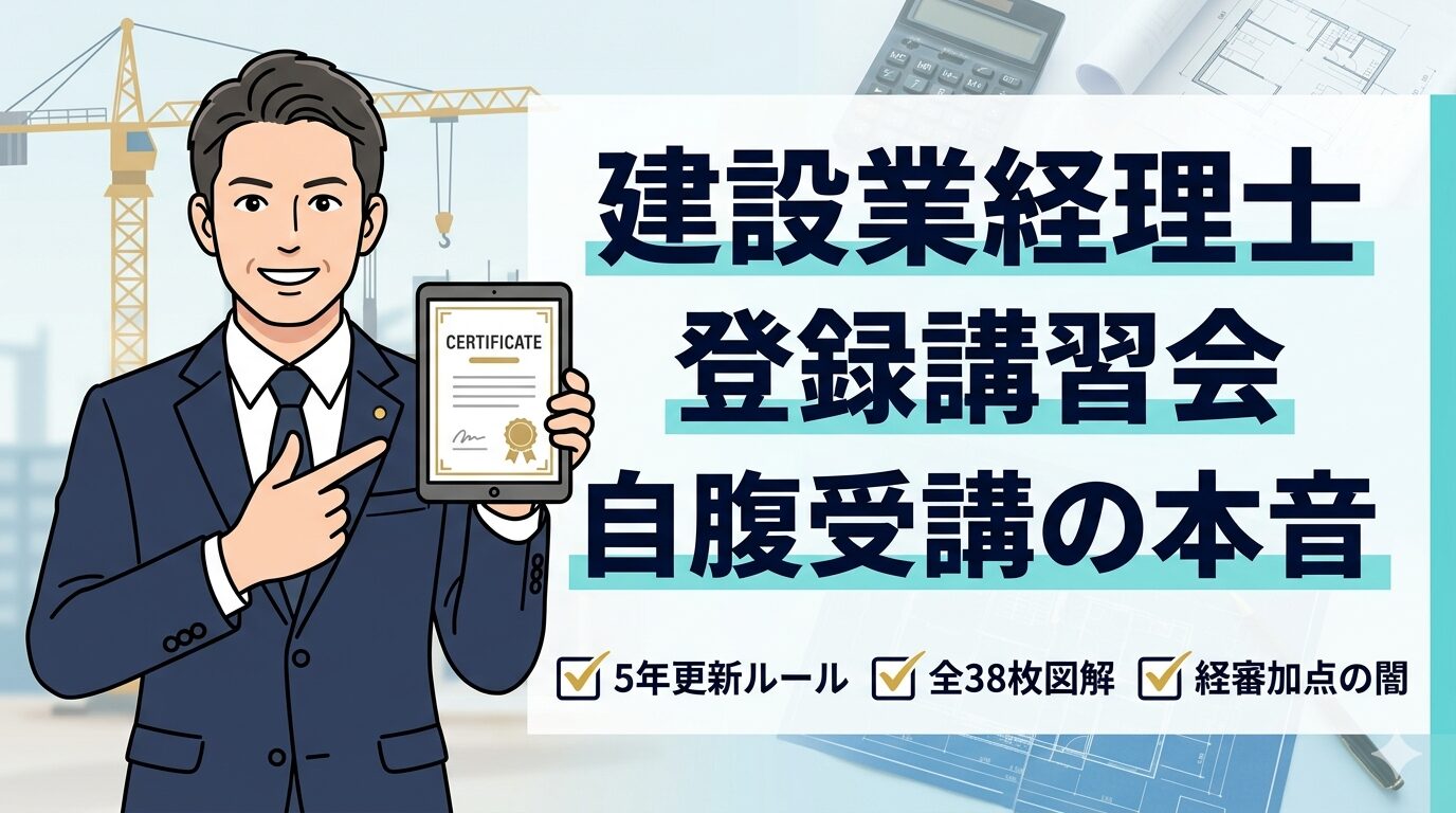 建設業経理士登録講習会の申込方法とメリットを解説する男性のイラスト