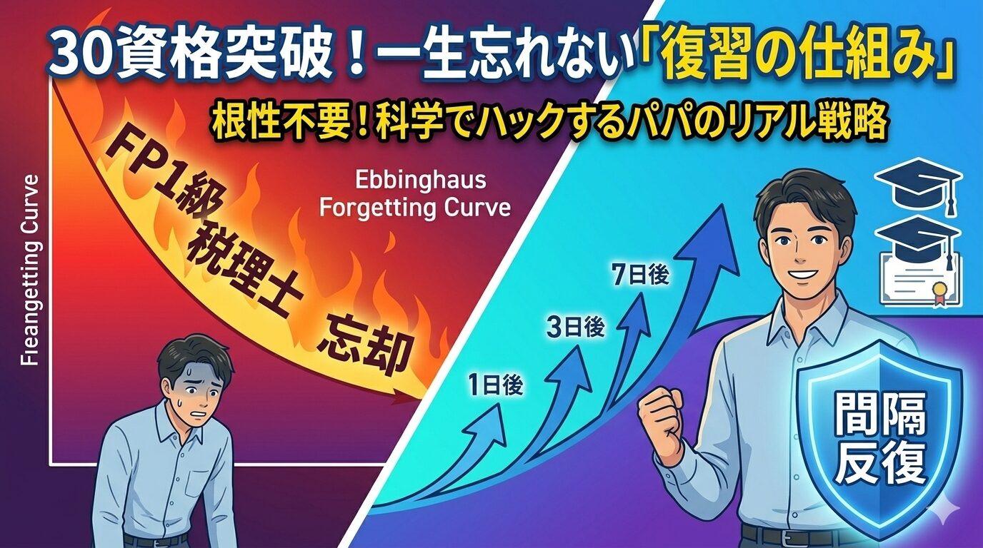 30種の資格を持つことパパによる、エビングハウス忘却曲線に基づいた効率的な復習スケジュール。間隔反復（スペースド・リピティション）を仕組み化し、科学的に記憶を定着させる資格勉強法。