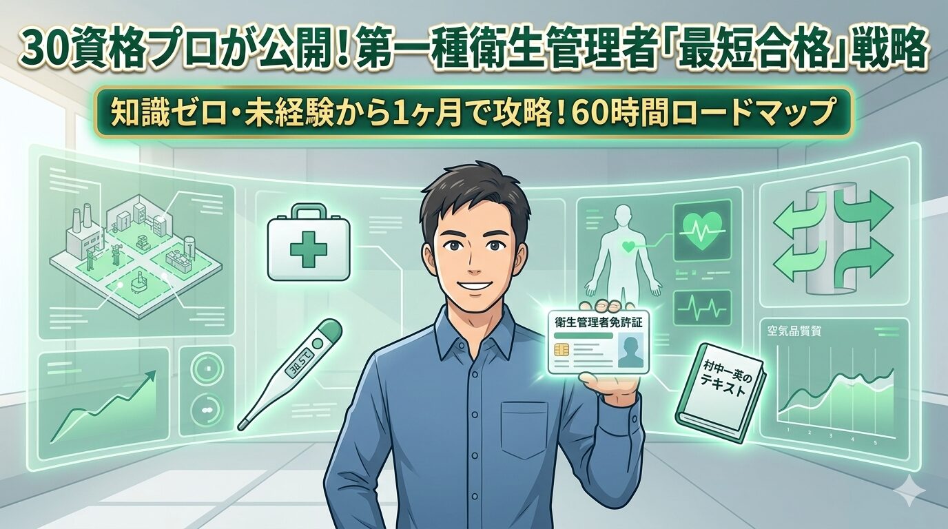 30資格を持つことパパによる第一種衛生管理者の最短合格戦略。知識ゼロから1ヶ月（60時間）で独学合格するロードマップ。村中一英氏のテキスト・過去問を活用した勉強法や、労働生理の足切り回避術、建設会社の事務プロとしての受験体験記。