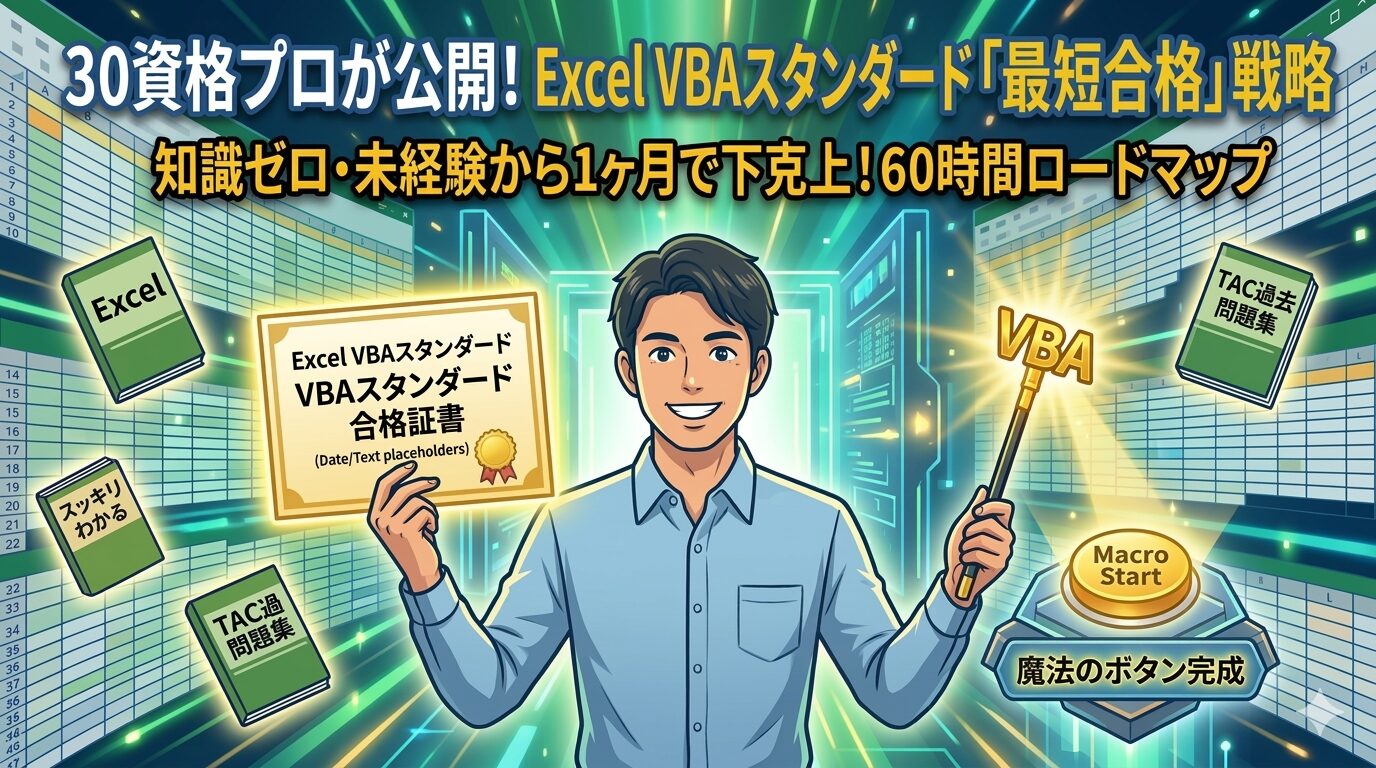 30資格を持つことパパが教えるExcel VBAスタンダード最短合格戦略。知識ゼロ・未経験から独学1ヶ月（60時間）で合格するロードマップ。公式テキストや写経による勉強法、実務を劇的に効率化するマクロ（魔法のボタン）の活用術。