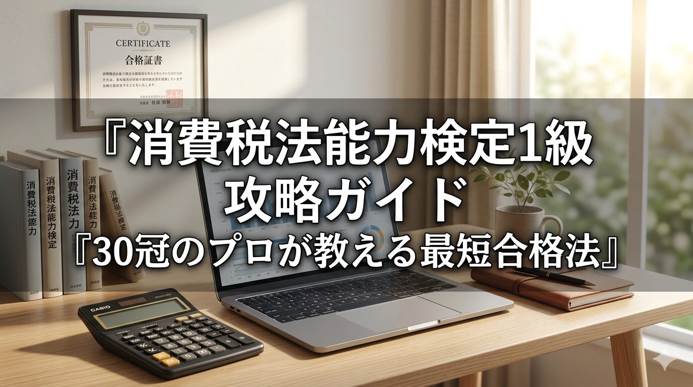消費税法能力検定1級合格証書と電卓が置かれたデスク（30冠のプロによる最短合格攻略ガイド）