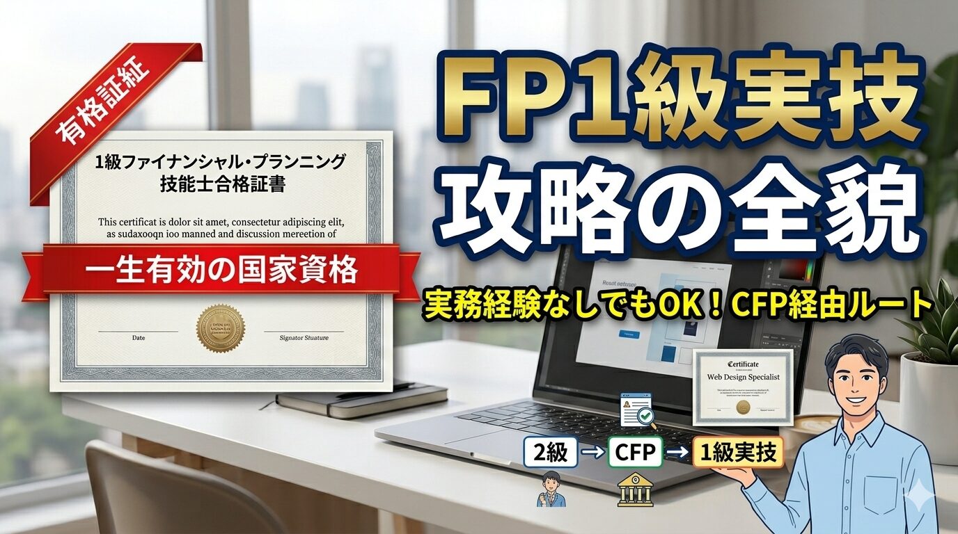ことパパが取得したFP1級合格証書と、実務経験なしからCFP経由で合格するルート図解を含む、FP1級実技試験の攻略アイキャッチ画像