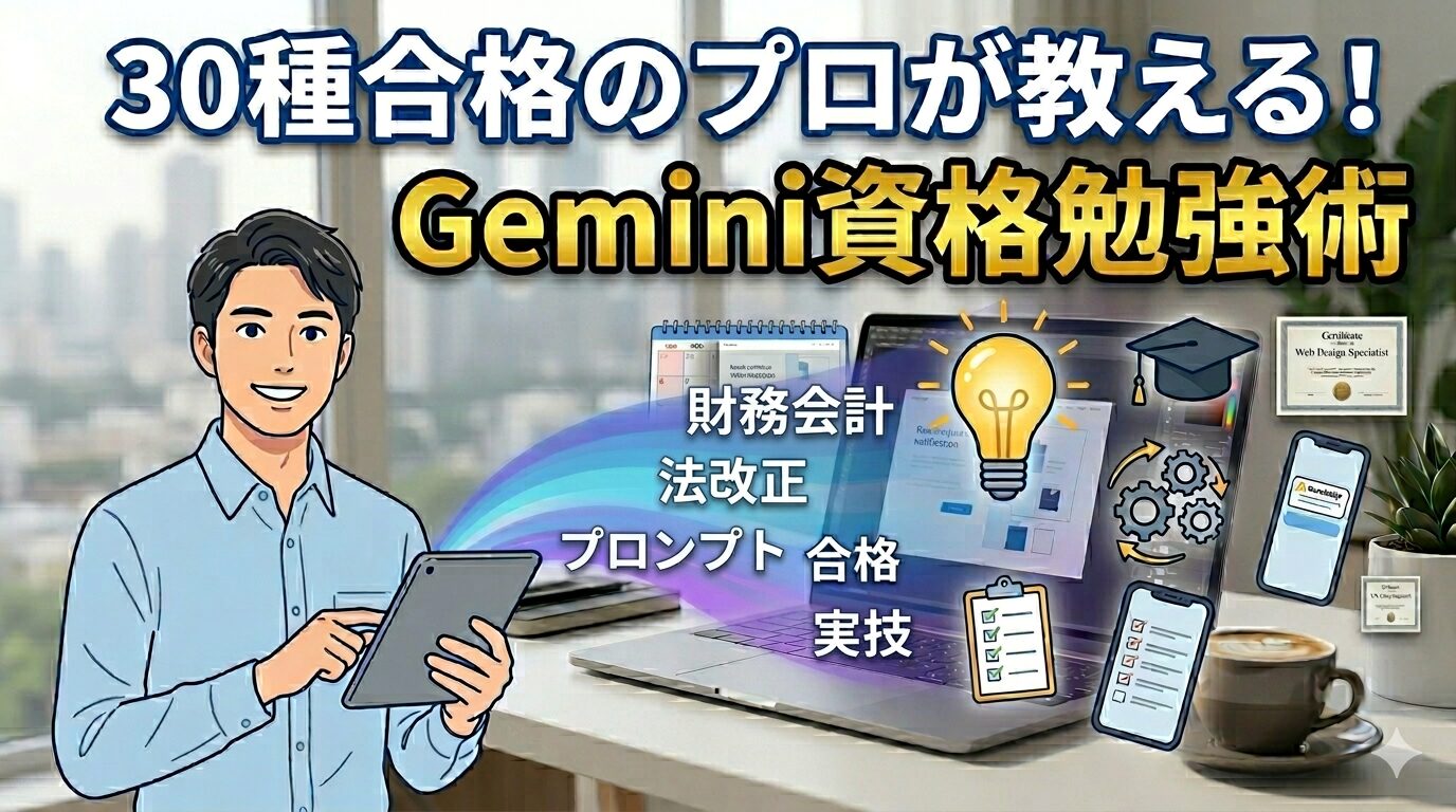 30種の資格を持つことパパが教える、Geminiを活用した効率的な資格勉強法。財務会計や実技試験に使えるプロンプト活用術のイメージ図。