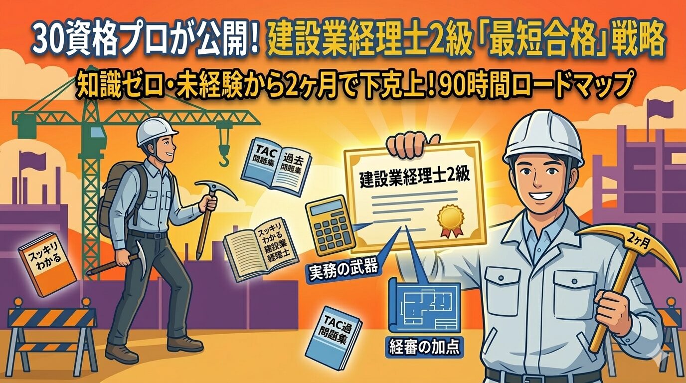 30資格を持つことパパによる建設業経理士2級の最短合格戦略。知識ゼロから独学2ヶ月（90時間）で合格するためのロードマップと、スッキリわかる・TAC過去問を活用した勉強法。経審加点や実務でのメリットを解説。