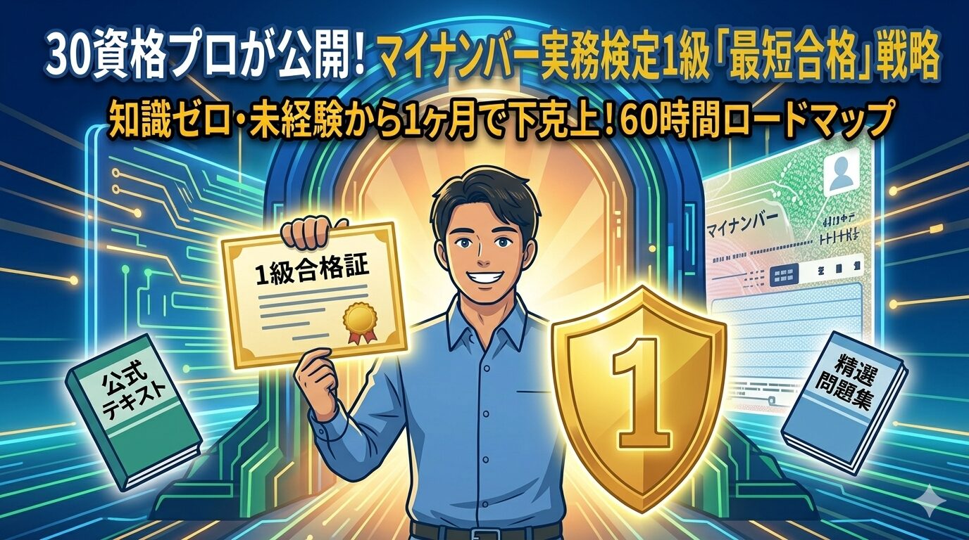 30資格を持つことパパによるマイナンバー実務検定1級の最短合格戦略。知識ゼロから独学1ヶ月（60時間）で1級に合格するためのロードマップと、公式テキスト・精選問題集を活用した勉強法。セキュリティ管理や実務対応の極意。