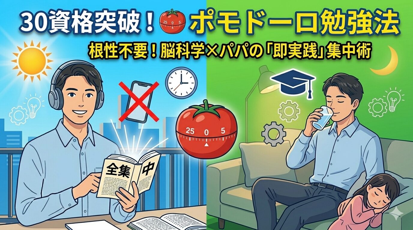 30種の資格を持つことパパによる、ポモドーロ・テクニック（25分集中・5分休憩）を活用した脳科学的勉強法。スマホを隔離し、育児の合間に集中力を最大化する攻略イメージ。