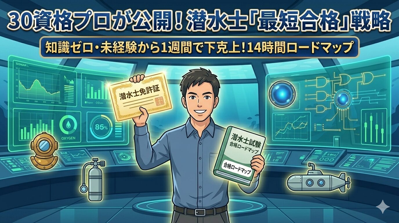 30資格を持つことパパによる潜水士試験の最短合格戦略。知識ゼロ・未経験から独学1週間（14時間）で一発合格するロードマップ。『7日間マスター』の模擬テストを徹底活用したアウトプット勉強法や、試験会場の騒音対策など一次情報満載。