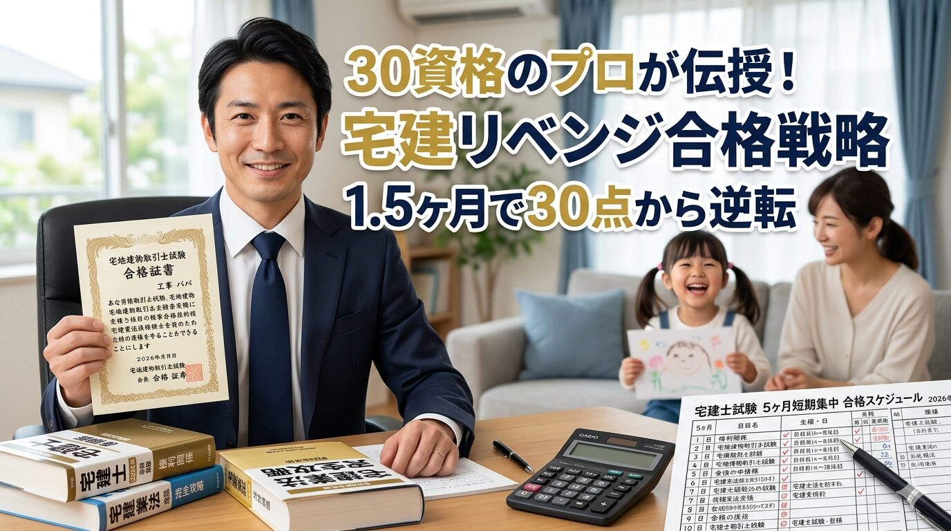 宅建試験に30点から1.5ヶ月で逆転合格した、40代パパ（ことパパ）の戦略的勉強法と5ヶ月合格スケジュールのアイキャッチ画像。合格証書と家族の笑顔。