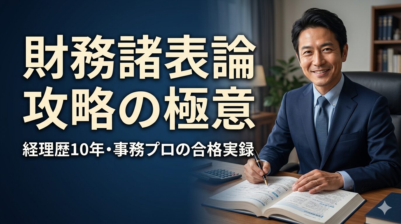 経理歴10年のことパパが教える、税理士試験「財務諸表論」攻略の極意アイキャッチ画像。笑顔のビジネスマンが勉強している様子。